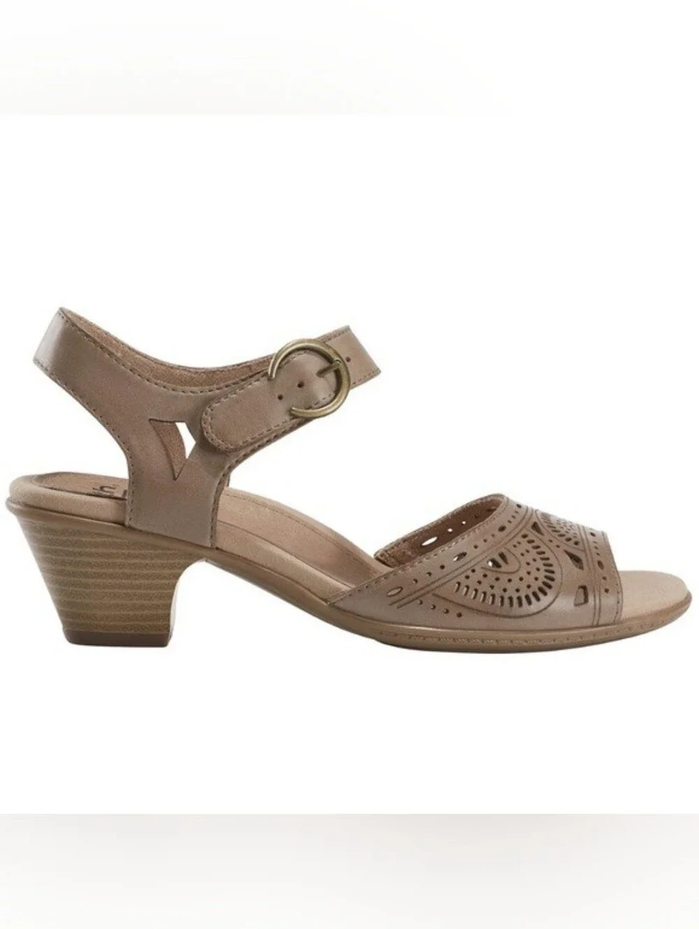 Earth Leather Two-Piece Heeled Sandals - Carson Westport Khaki Size 8W New SH309